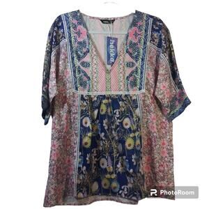 Hekka Boho Retro V-Neck Casual Loose Fitting Short Sleeve Pink Blue Size XXL